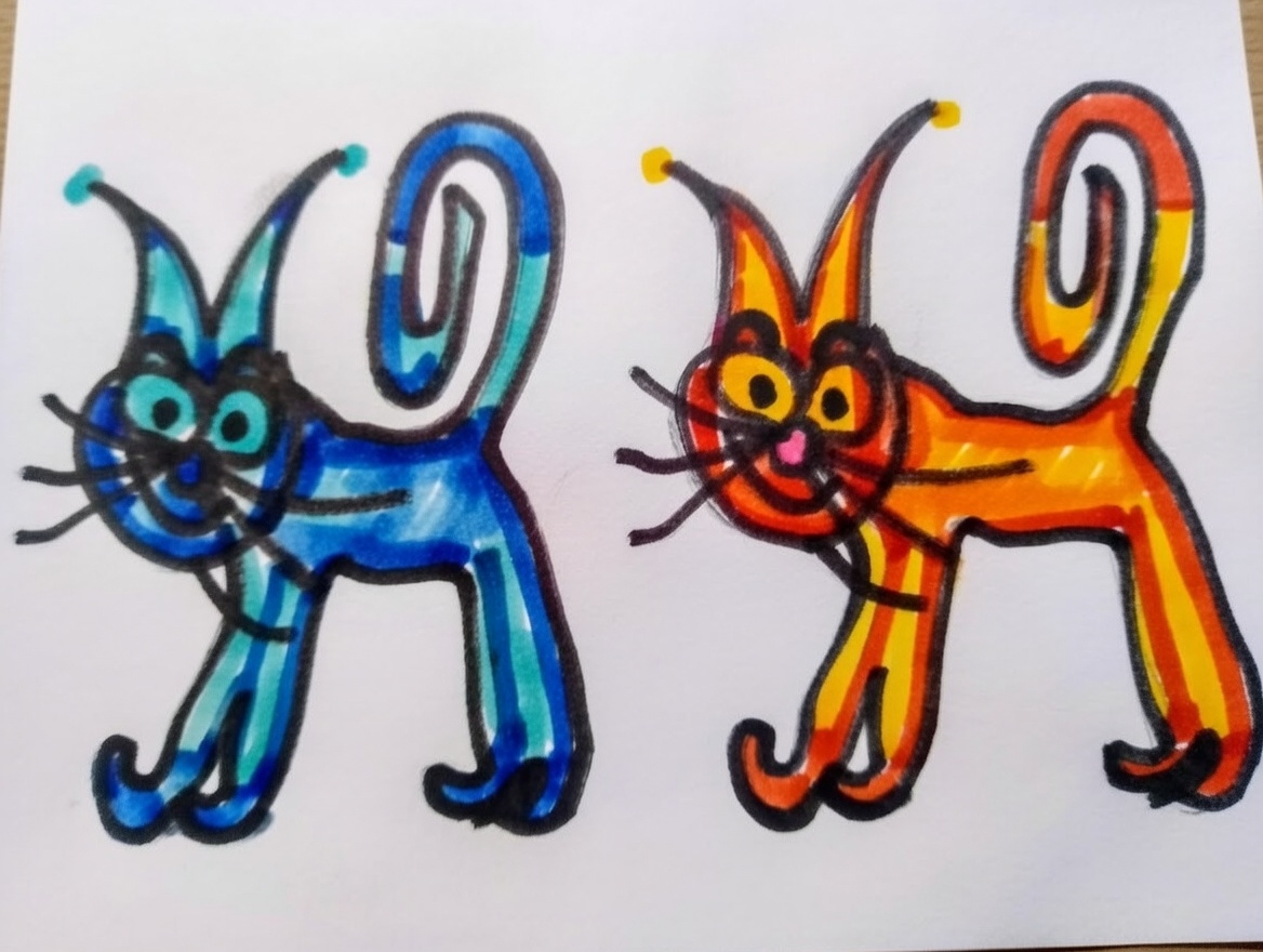 Kolorowe kotki-pierroty – gotowy rysunek