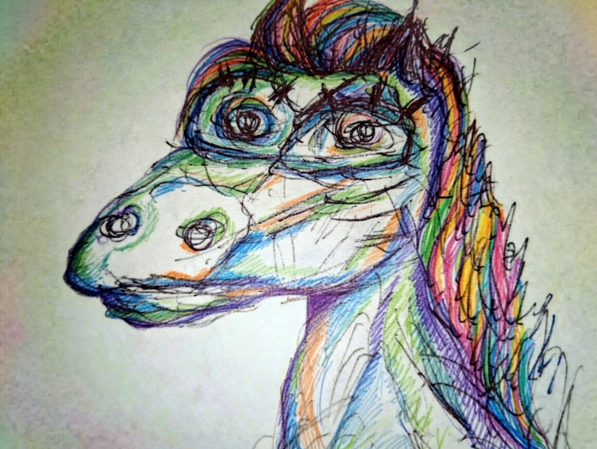 Zbliżenie na zwariowane oczy i tęczową, chaotyczną grzywę