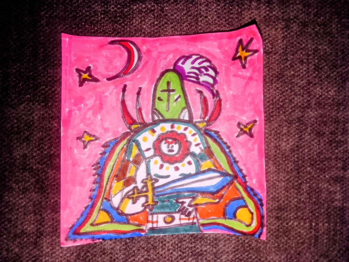 Zbliżenie na psychodeliczne wzory i twarz rycerza