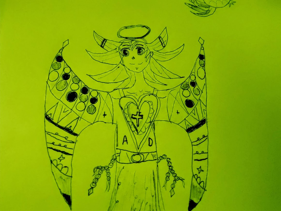 Pastelowy Aniołek Miłości z sercem i różańcem – gotowy rysunek