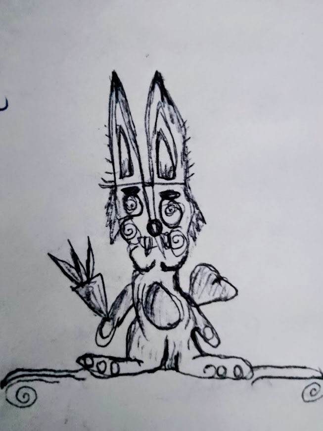 Śmieszny pastelowy zajączek z marchewką – gotowy rysunek