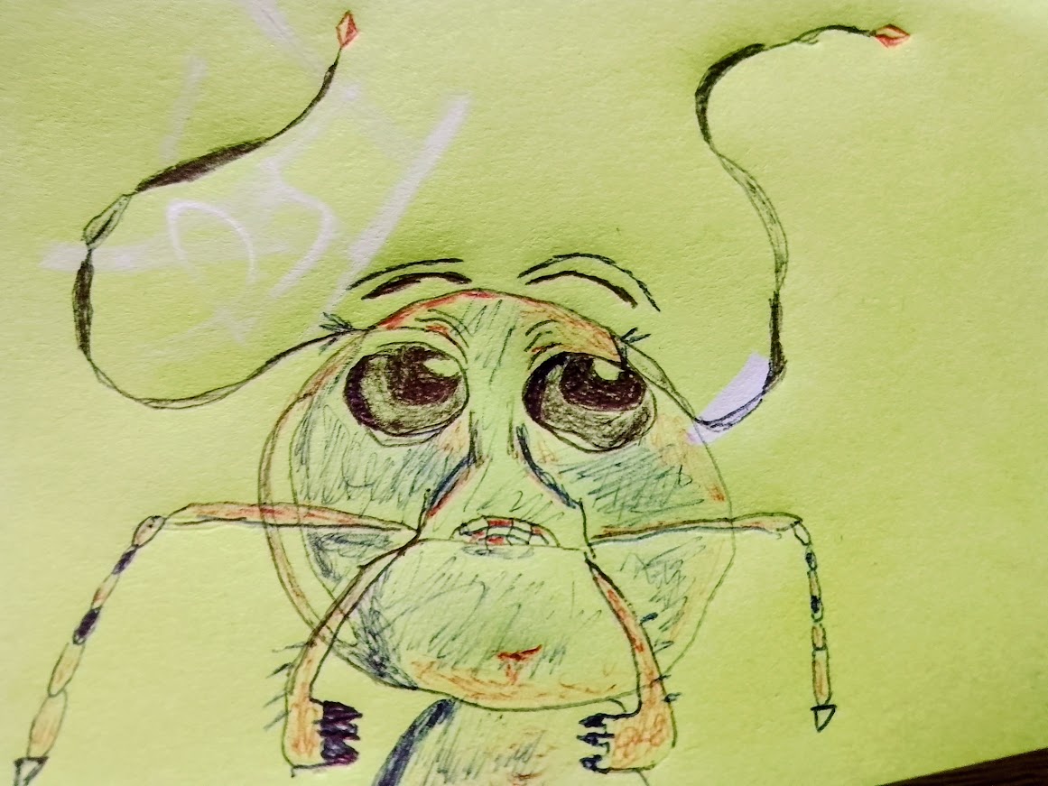 smutna mrówka w zielono-czerwonej estetyce