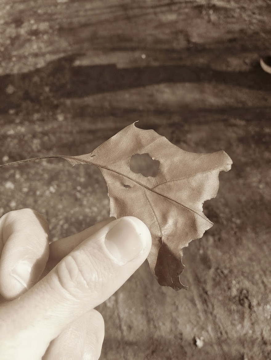 Dudek zrobiony z liścia – z dziurą na czub i pomarańczowym tłem